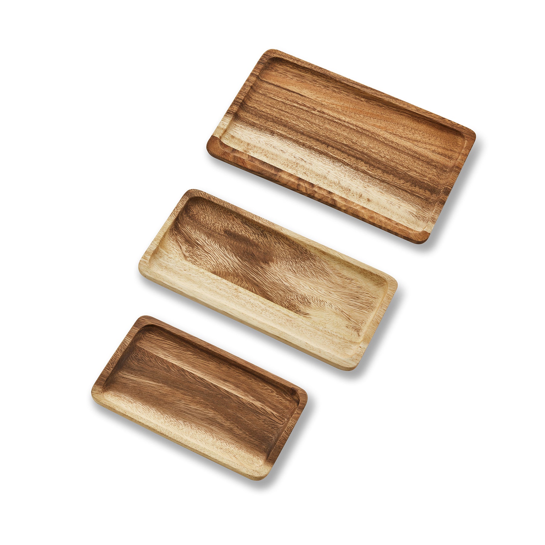 Three handcrafted mini wooden trays in assorted sizes, showcasing a rustic Acacia wood finish, ideal for serving or organizing.