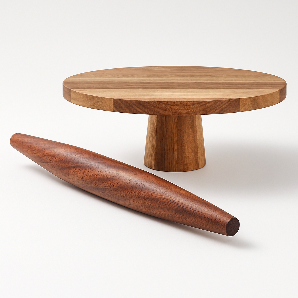 Elegant wooden rolling pin and cake stand set for passionate home bakers and pastry artists.