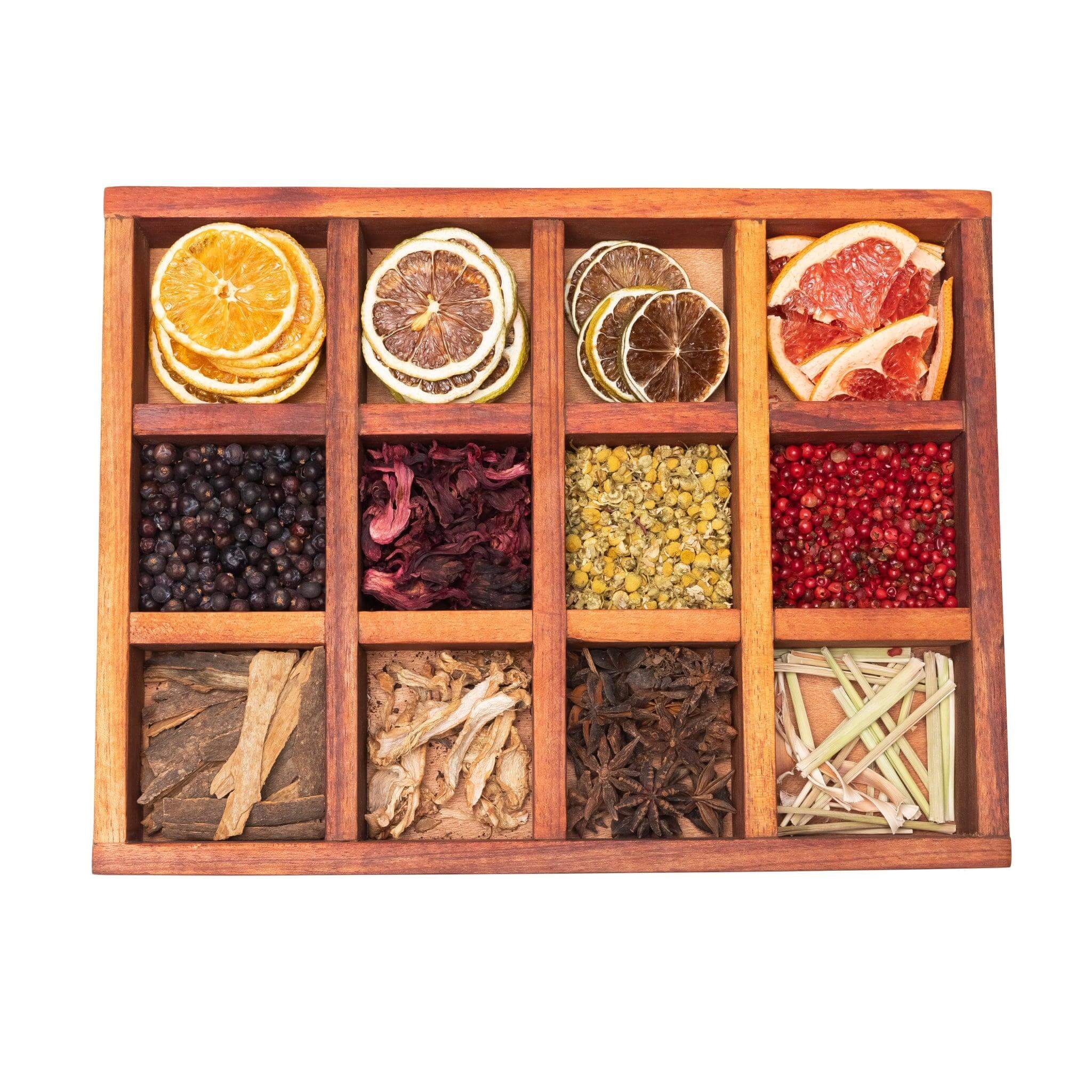 Top view of the Botanical Infusion Box displaying all compartments filled with botanicals.