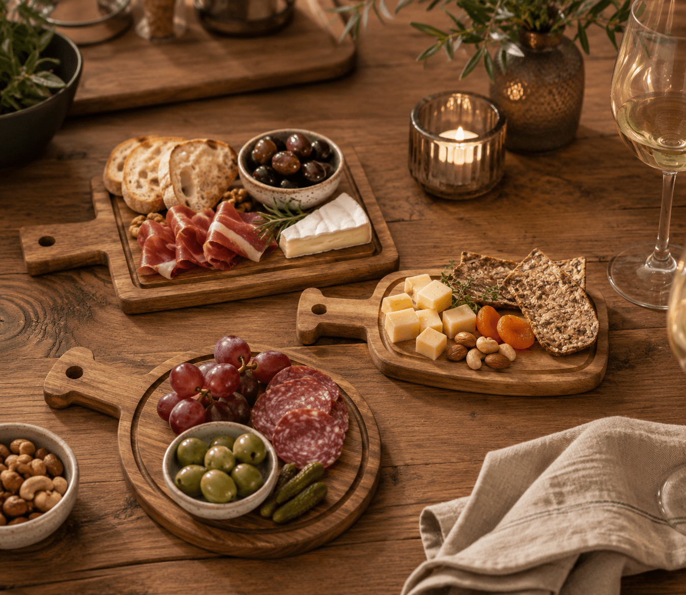 Three wooden charcuterie boards arranged on a rustic wooden table.