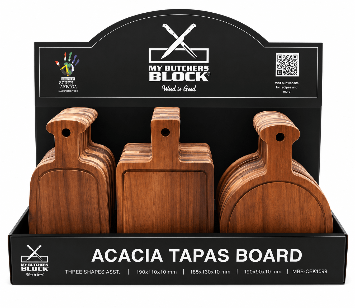 Three wooden acacia tapas boards displayed in a black retail counter box with the brand name My Butchers Block on the packaging.
