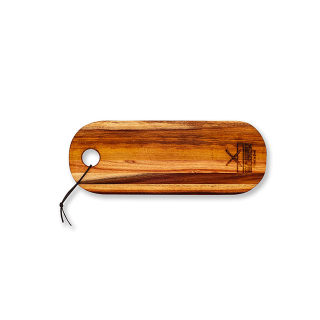 Stylish wooden cutting board with hanging hole, perfect for kitchen decor and food preparation.