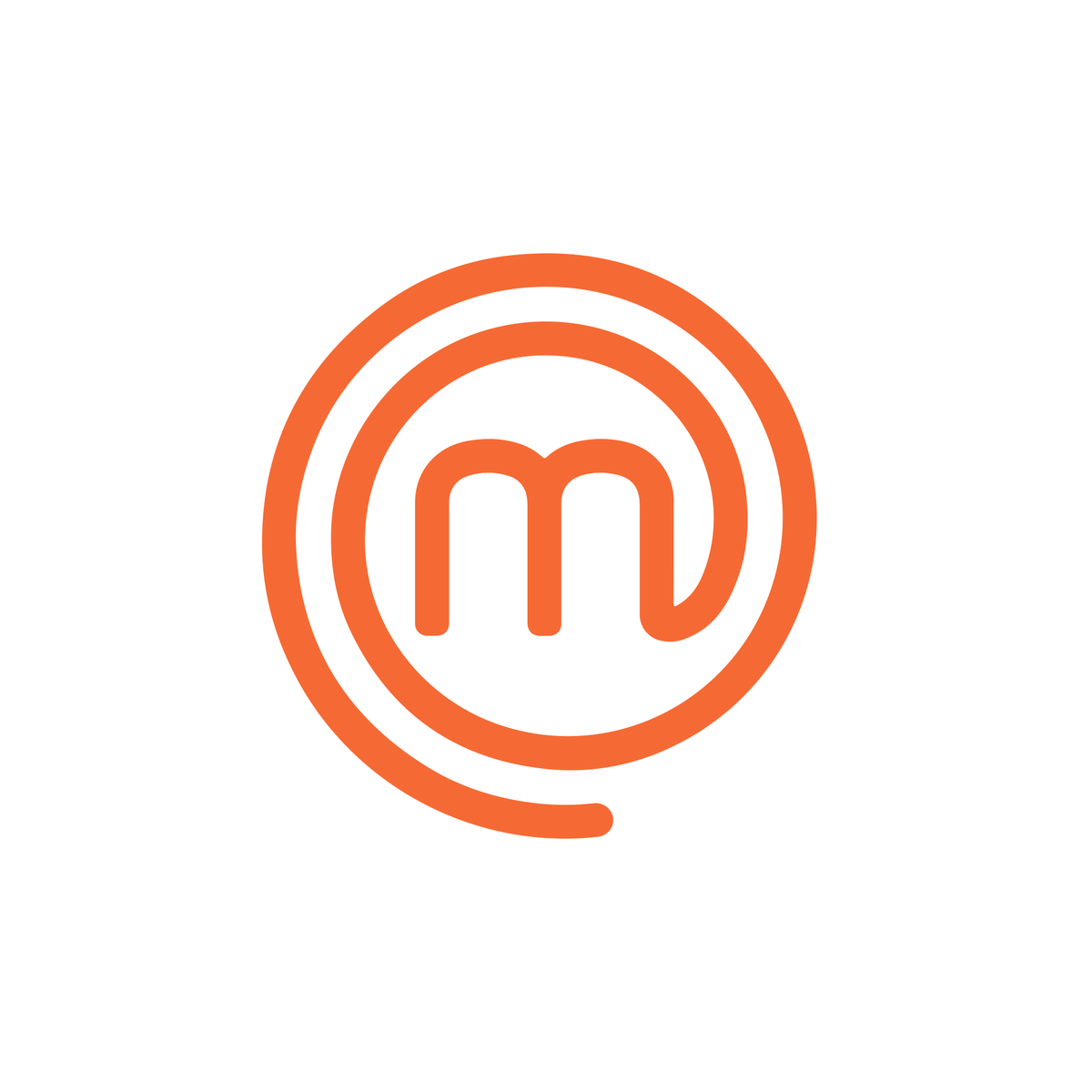 Orange MasterChef logo with stylized letter 'm' inside a circular design.