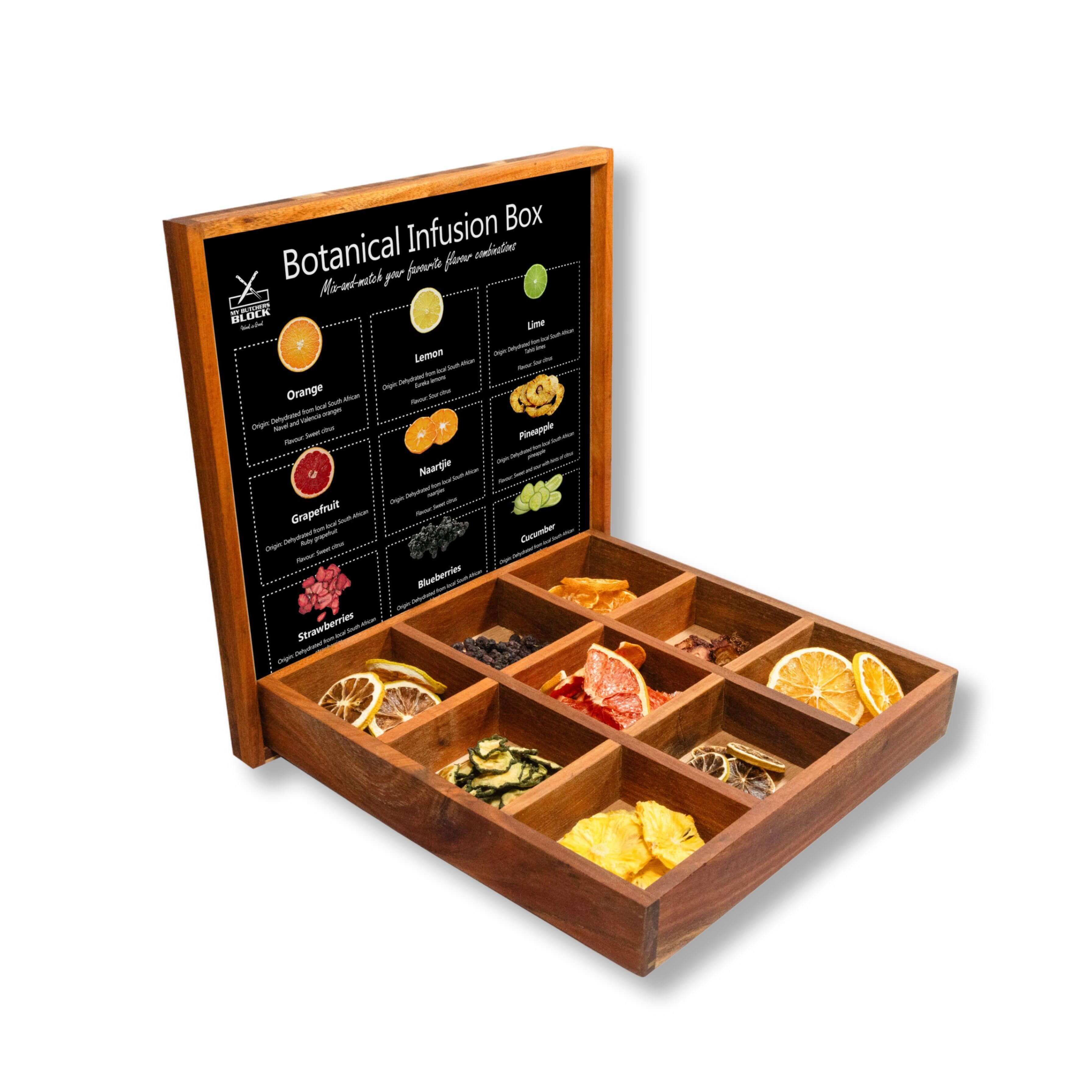 Botanical Infusion Box with assorted dried fruits and herbs for cocktail enhancements.