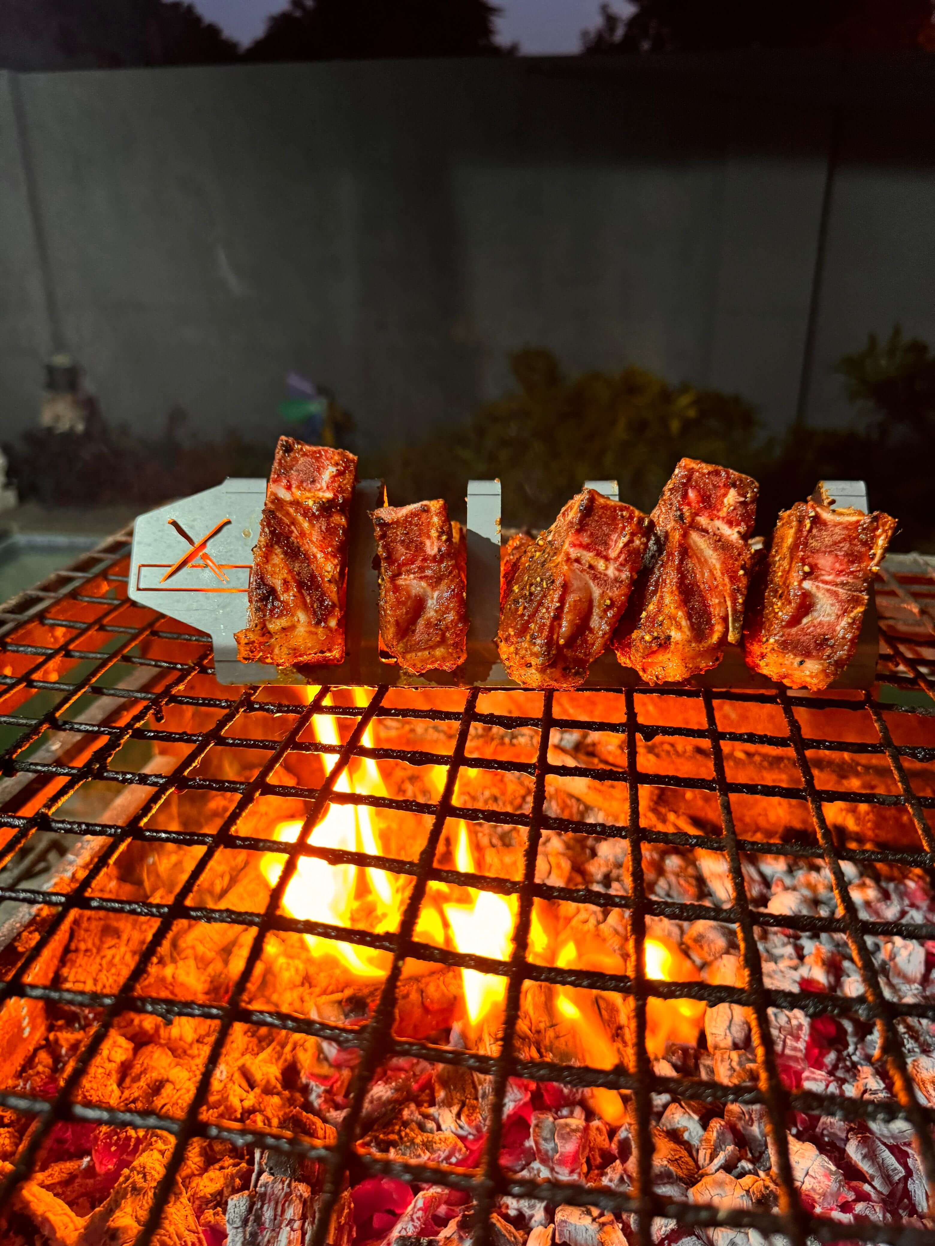 Braai and Slice Master Block grilling meat on a rack over glowing coals, showcasing a perfect braai experience.