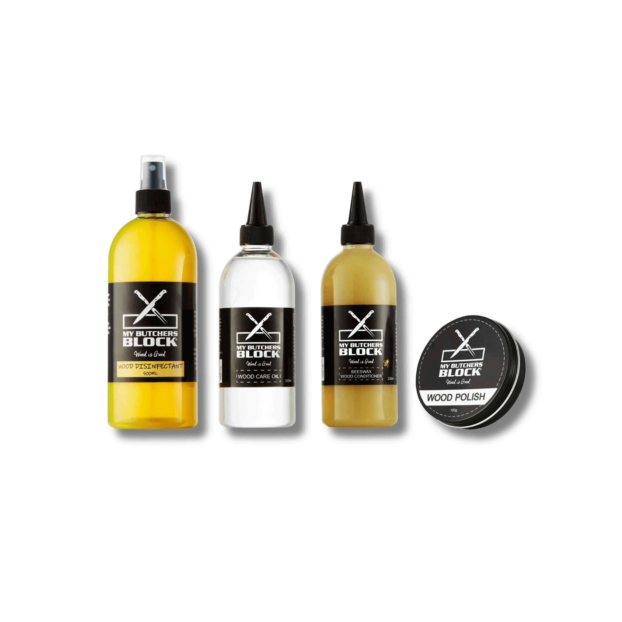 Full Woodcare Product Range including wood polish, wood oil, and wood disinfectant from My Butchers Block.