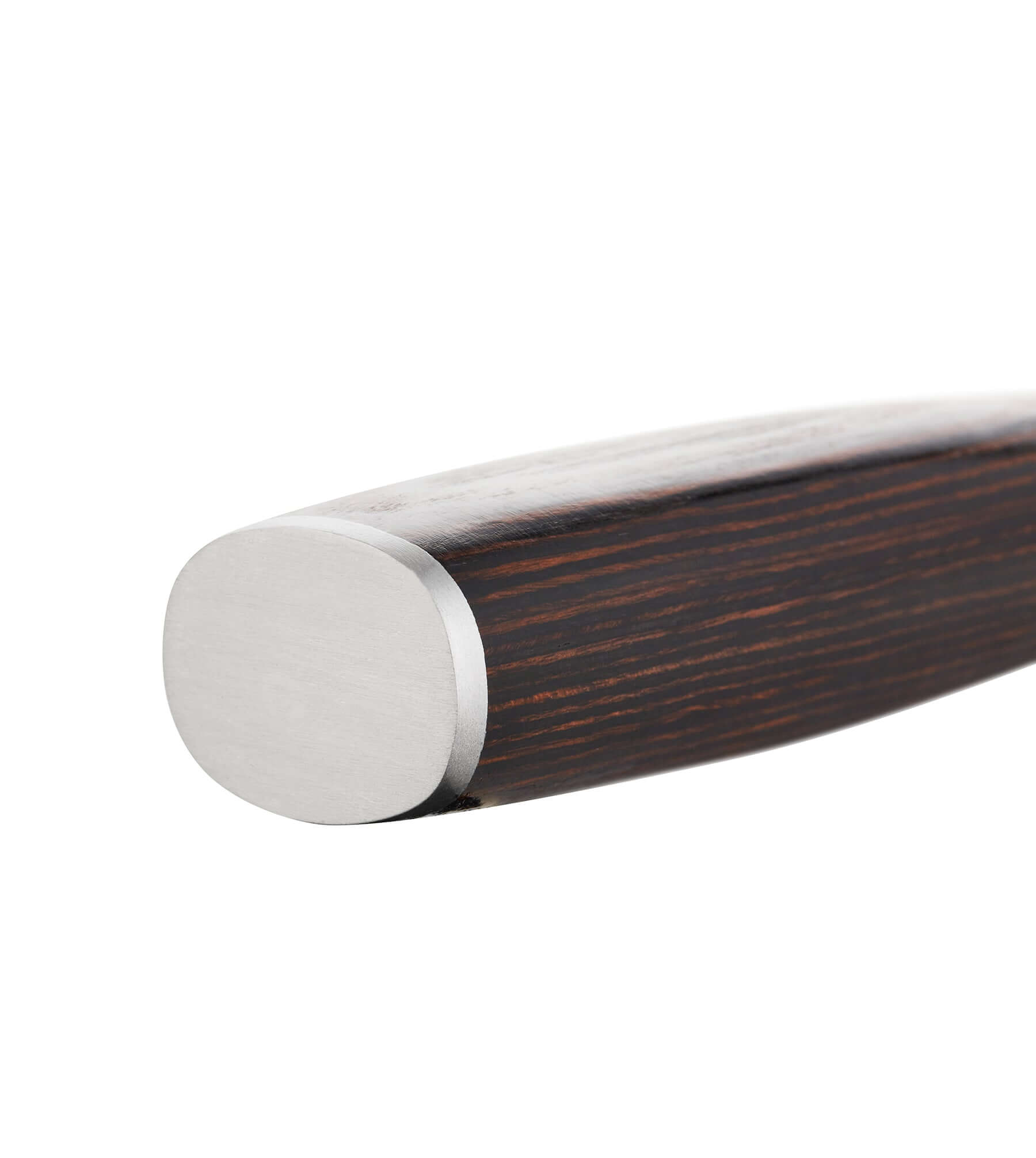 Close-up of the ergonomic handle of a butcher's knife, showcasing its stainless steel and dark wood design.