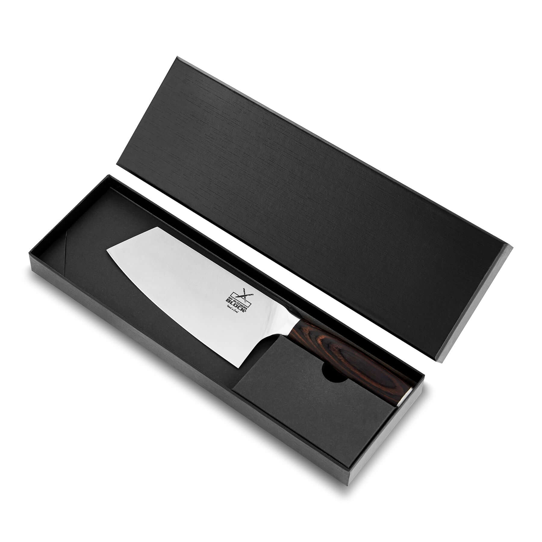 High-quality butcher's knife in a sleek black box, showcasing precision craftsmanship and ergonomic handle.