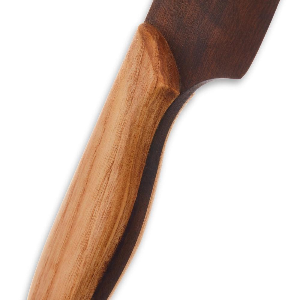 Close-up of Cake Knife handle made from Ash wood and blade from Imbuia wood, showcasing craftsmanship and elegance.