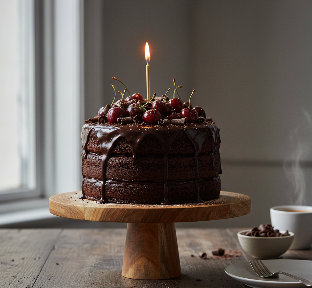 Chocolate cake with cherries and a lit candle on a wooden stand, set against a neutral background.