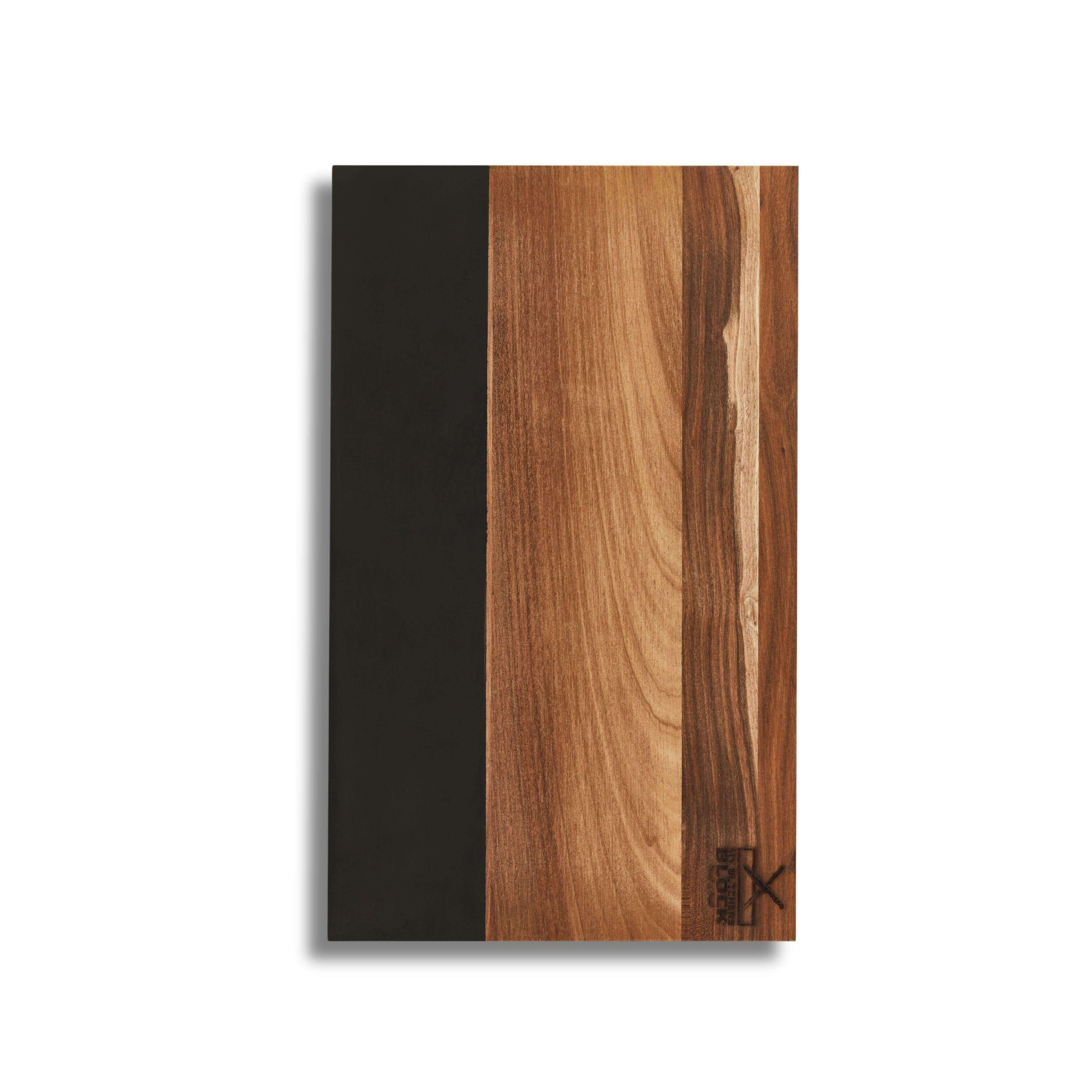 Stylish wooden cocktail mixing board with natural wood grain and black accents, perfect for cocktail preparation.