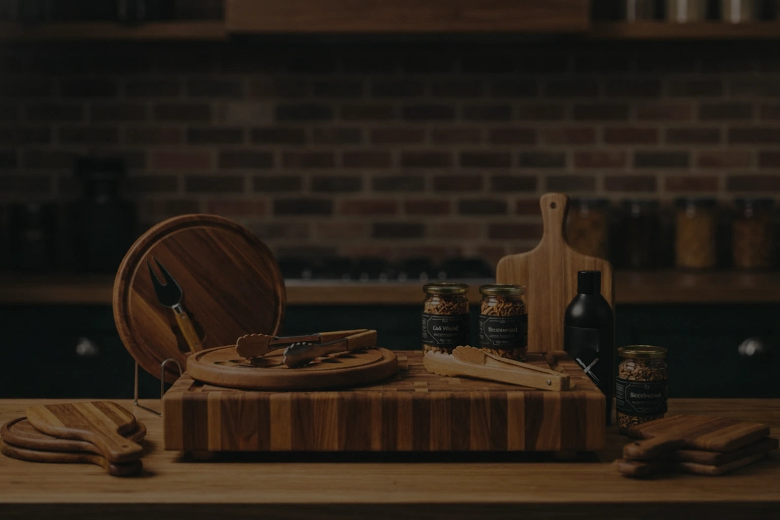 Wooden cutting boards and kitchen tools on a wooden table with a brick wall background.