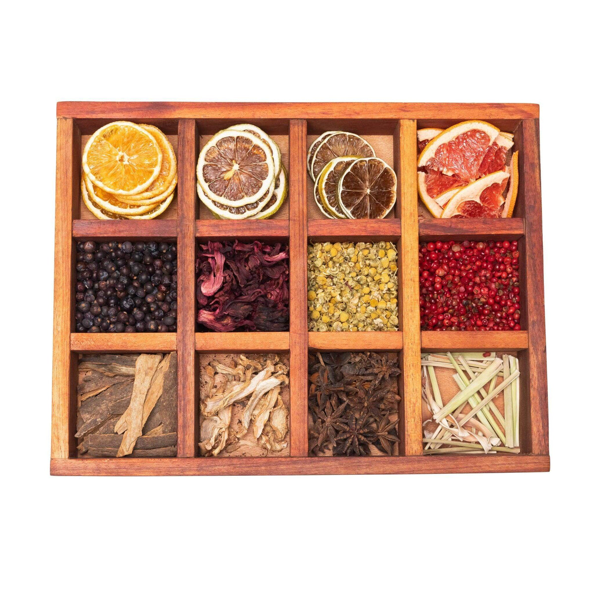 Top view of the Botanical Infusion Box displaying all compartments filled with botanicals.