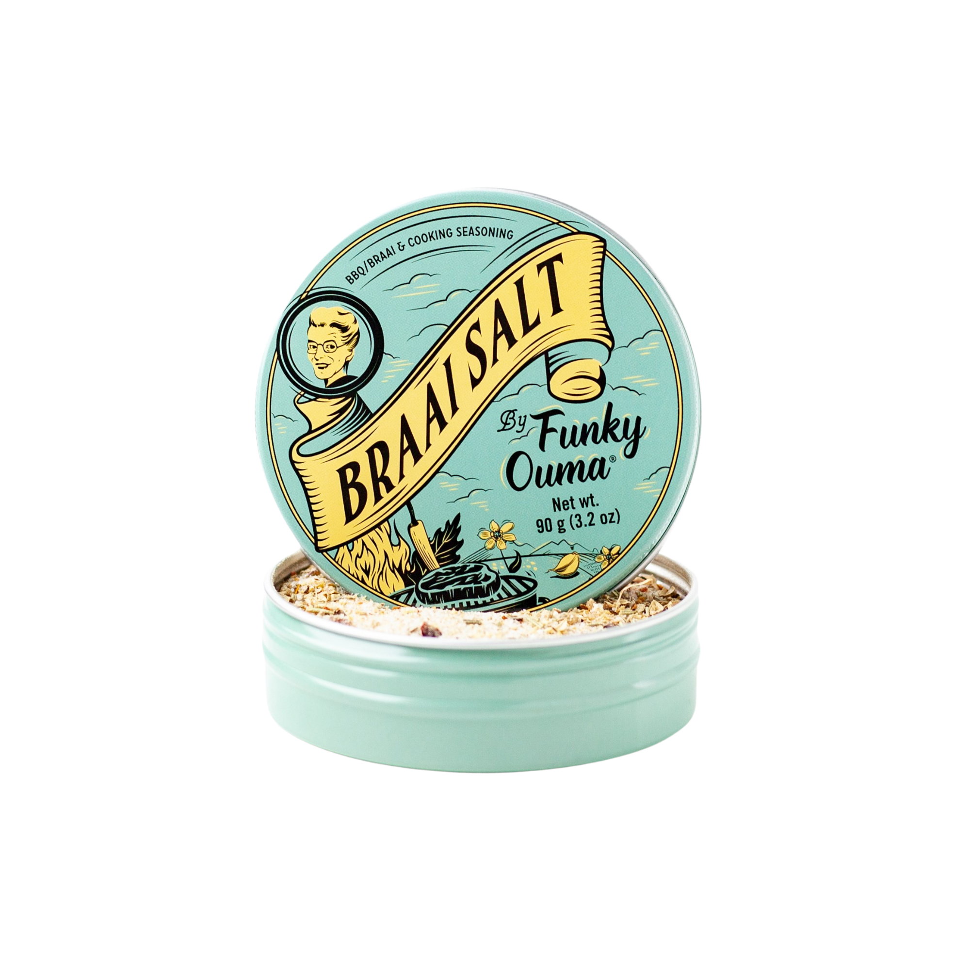 Funky Ouma Braai Salt seasoning tin, ideal for enhancing outdoor grilling flavor.