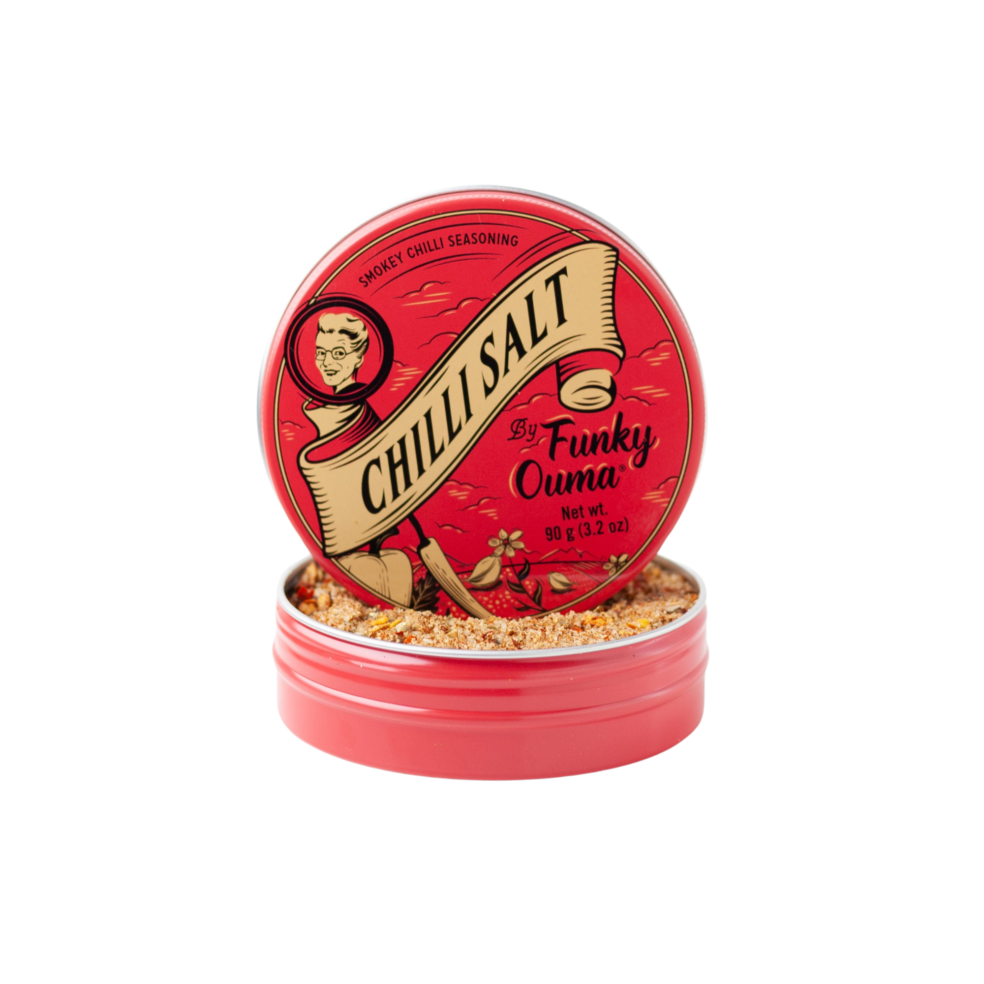 Funky Ouma Chilli Salt seasoning in a vibrant red tin, perfect for adding smoky flavor to dishes.