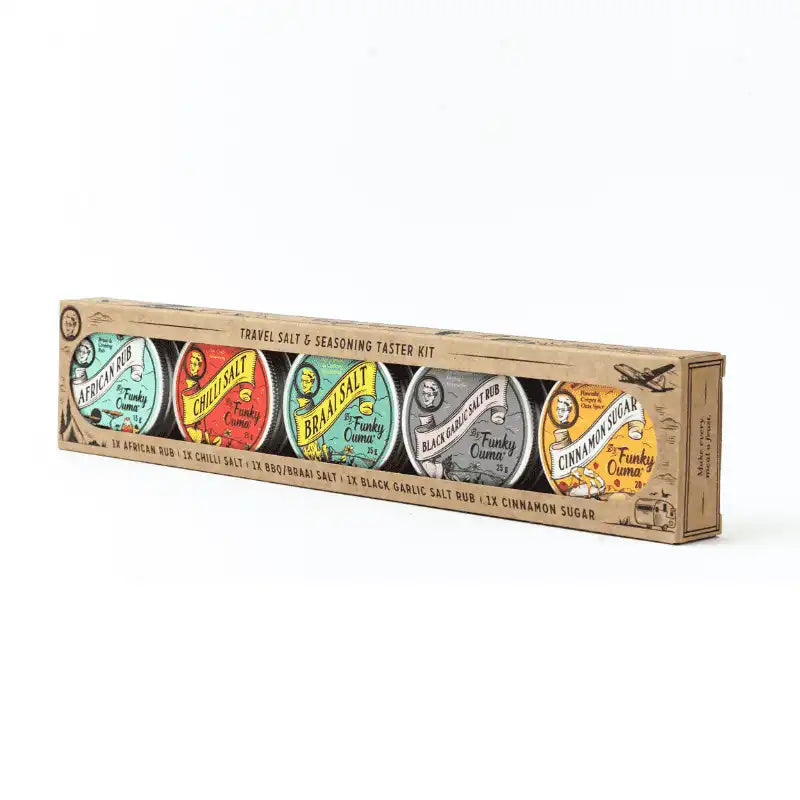 Funky Ouma Travel Taster Kit featuring five assorted seasoning salts in stylish packaging.