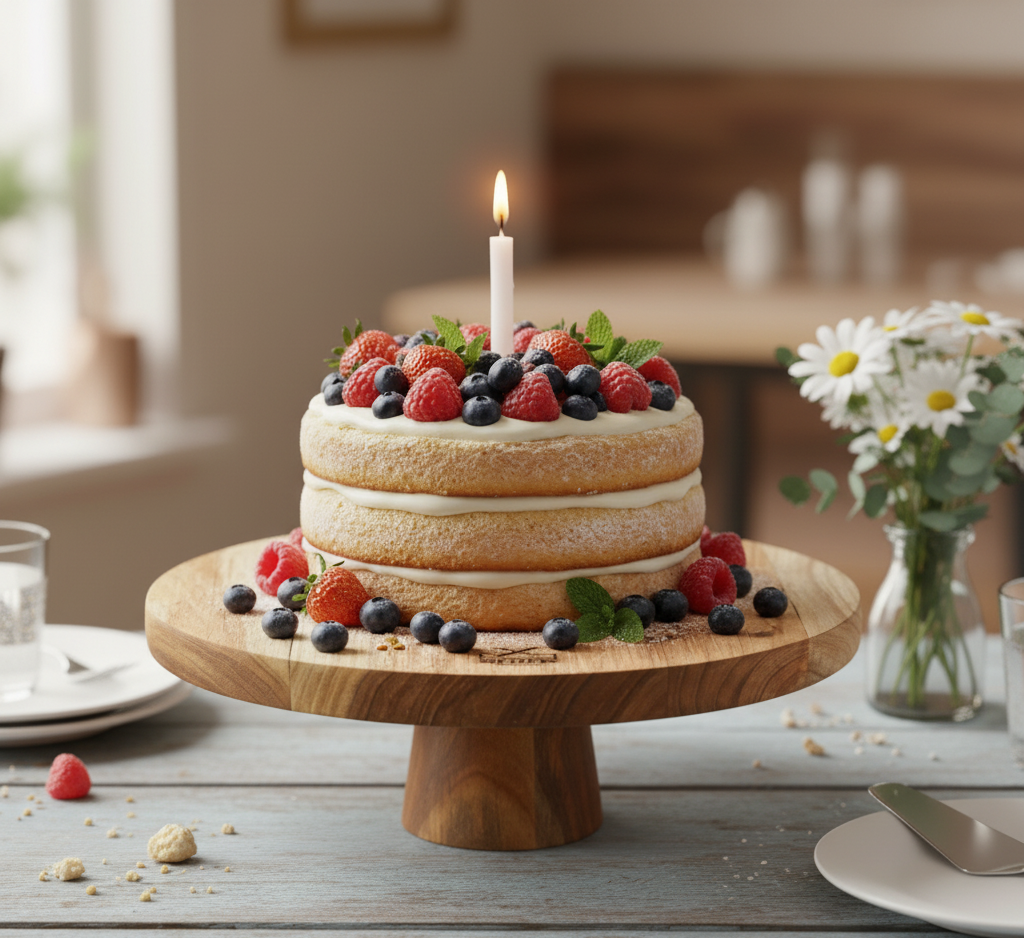 Three-layer cake with berries and a lit candle on a wooden stand in a kitchen setting.