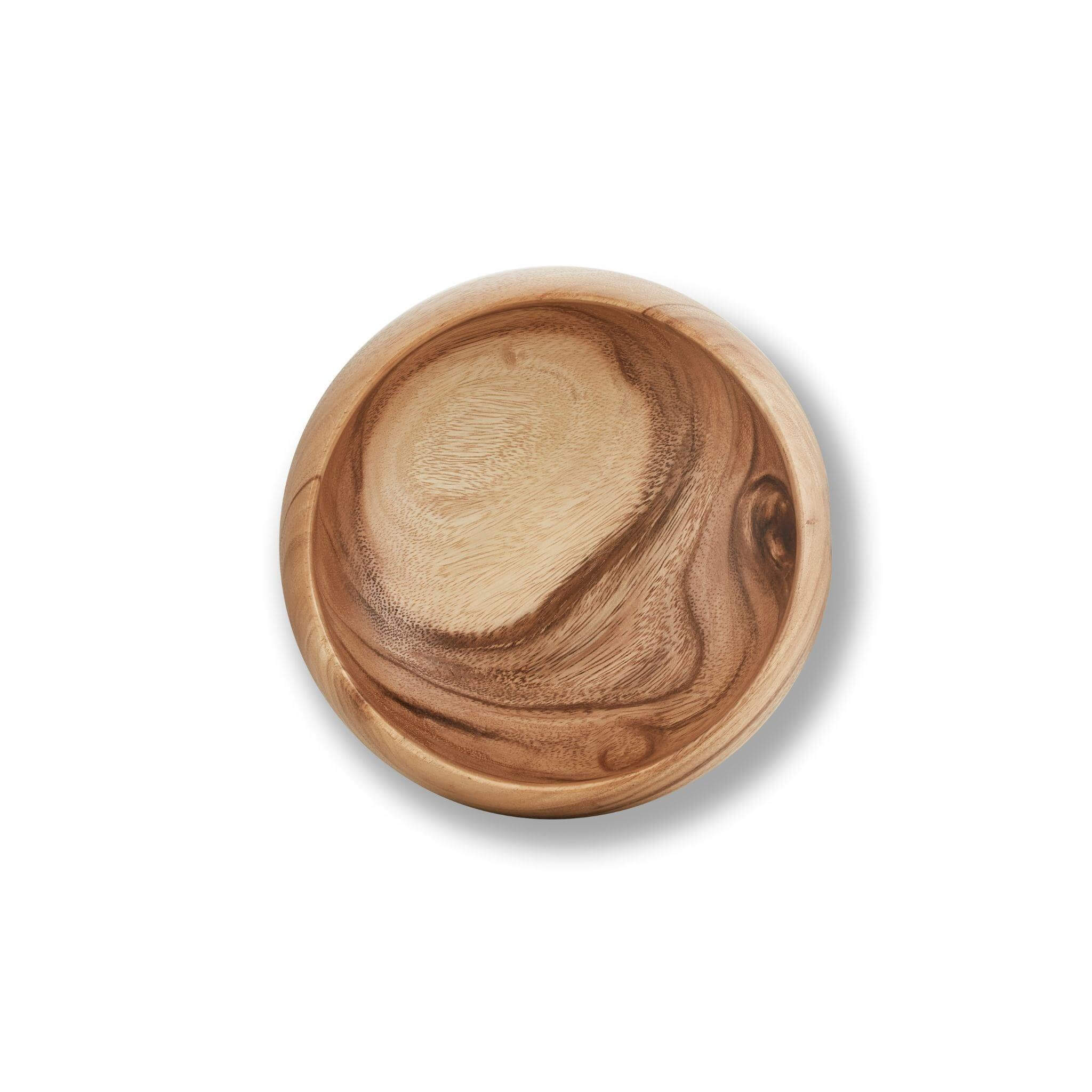 Handcrafted small wooden bowl with smooth finish, showcasing unique organic grain patterns for serving snacks and salads.