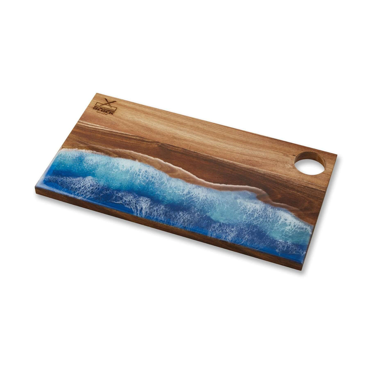 Handy Andy In Blue Resin serving board showcasing wooden beauty and vibrant blue resin art, perfect for kitchen essentials.