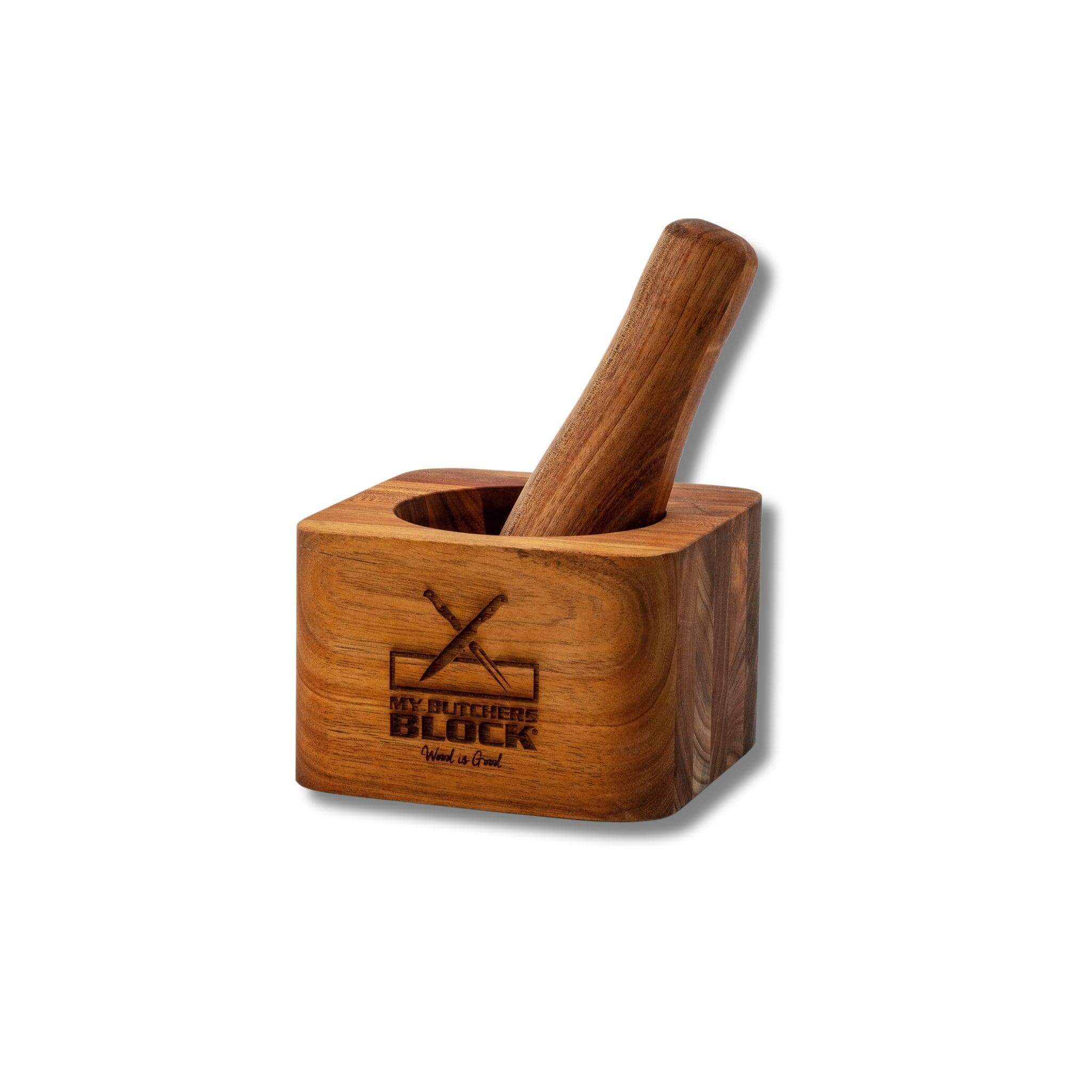 Wooden mortar and pestle set from My Butcher Block for culinary enthusiasts and home chefs.
