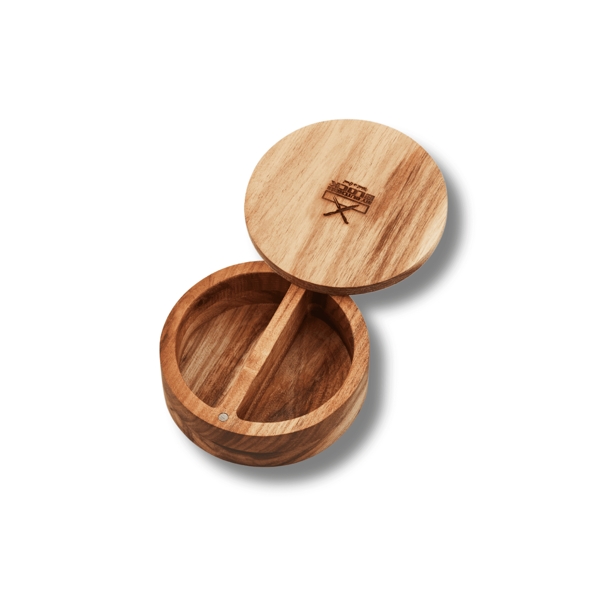 Elegant wooden kitchen organizer with a lid and partition for spices or small items, perfect for gourmet cooking.