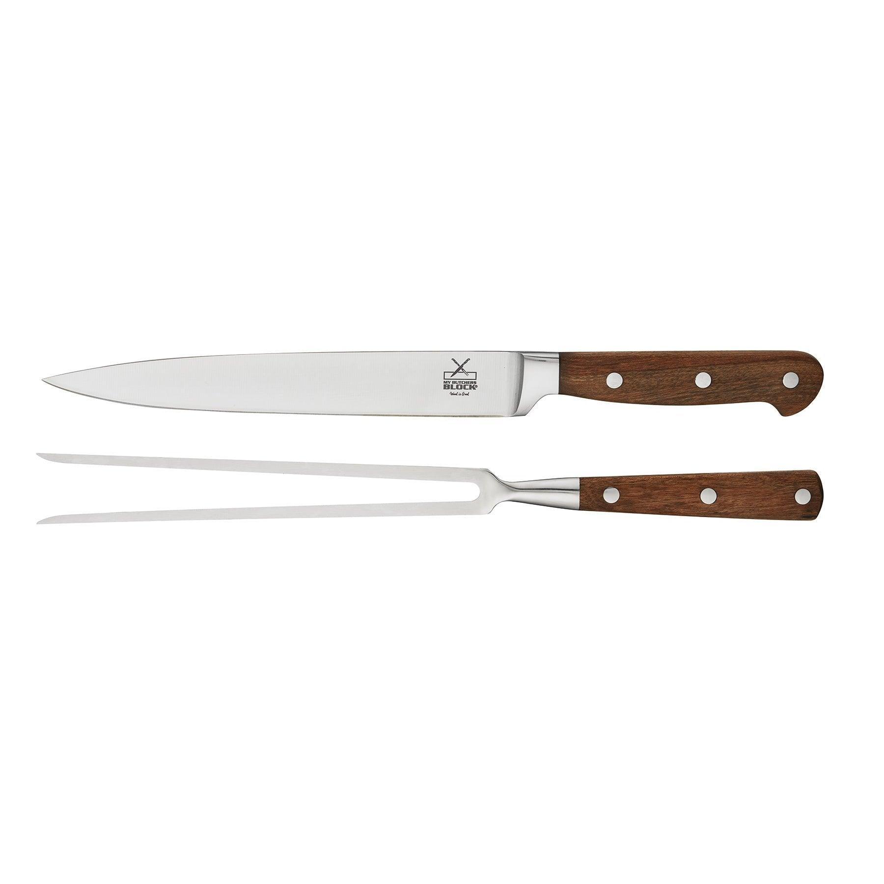 Premium carving knife set featuring stainless steel knife and sturdy fork with wooden handles.