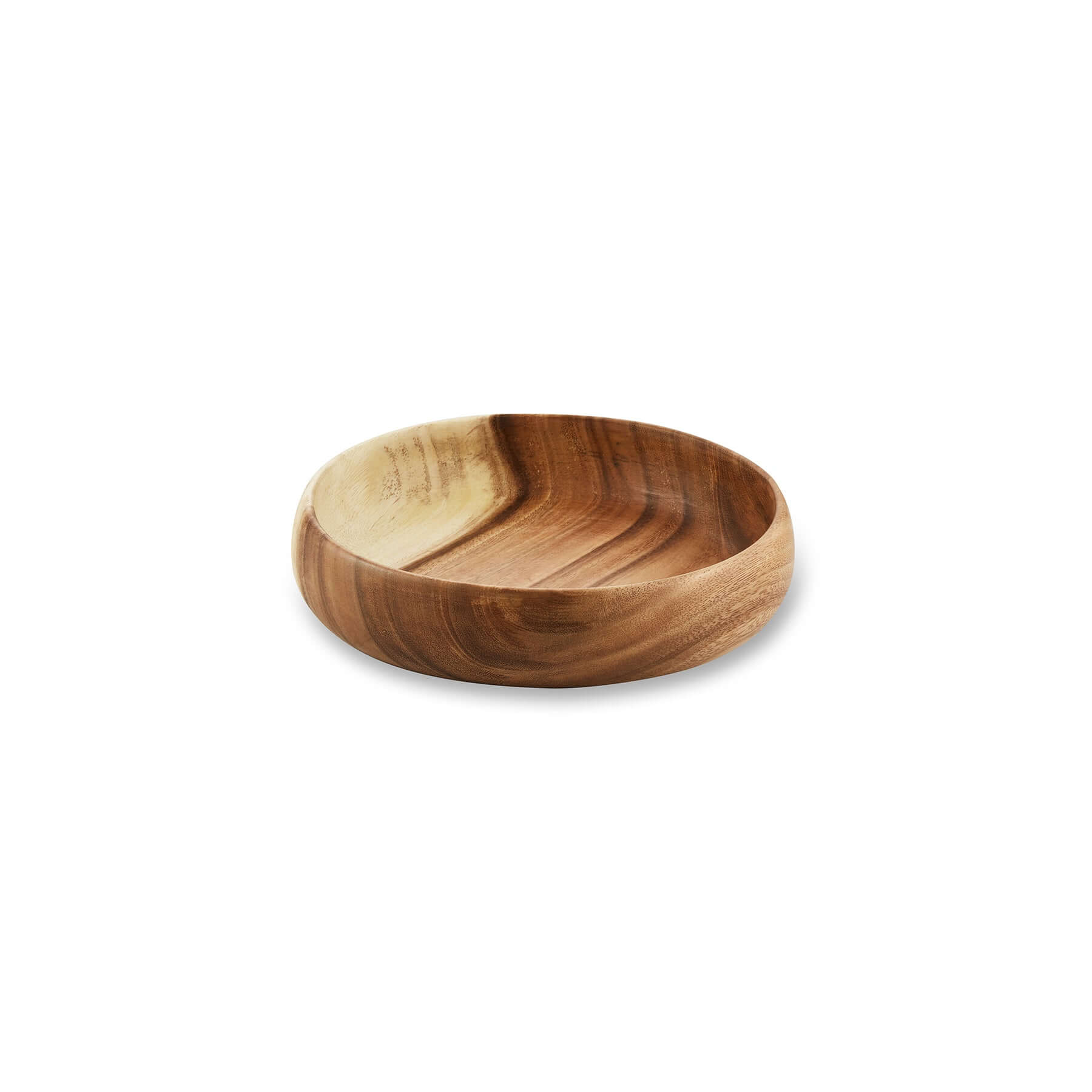 Medium wooden bowl with natural grain, perfect for serving salads or as a centerpiece decoration.