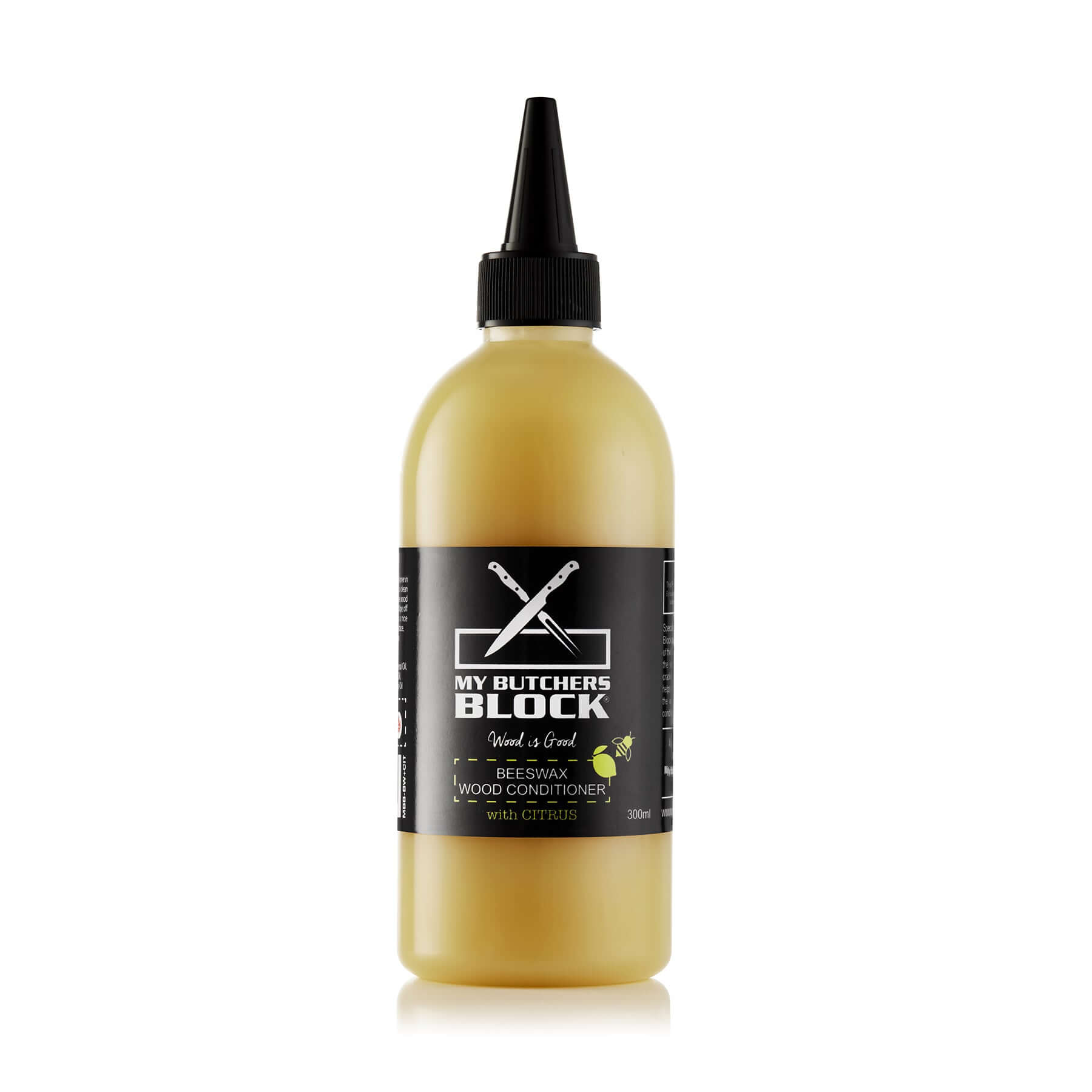 Beeswax wood conditioner with citrus in a 300ml bottle, ideal for nourishing and protecting wooden kitchen items.
