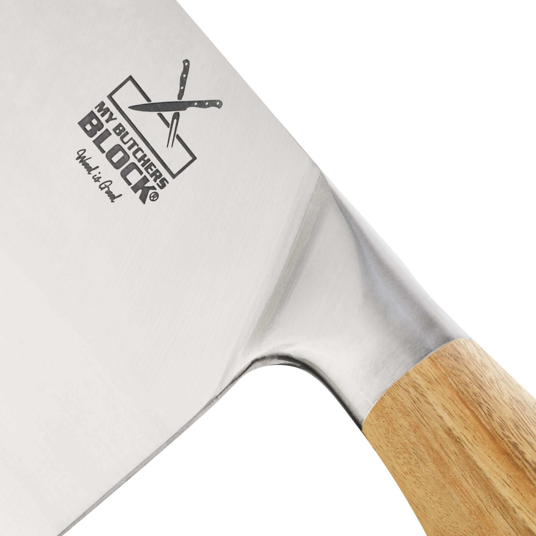 Close-up of My Butcher's Block cleaver knife showcasing the stainless steel blade and wooden handle.