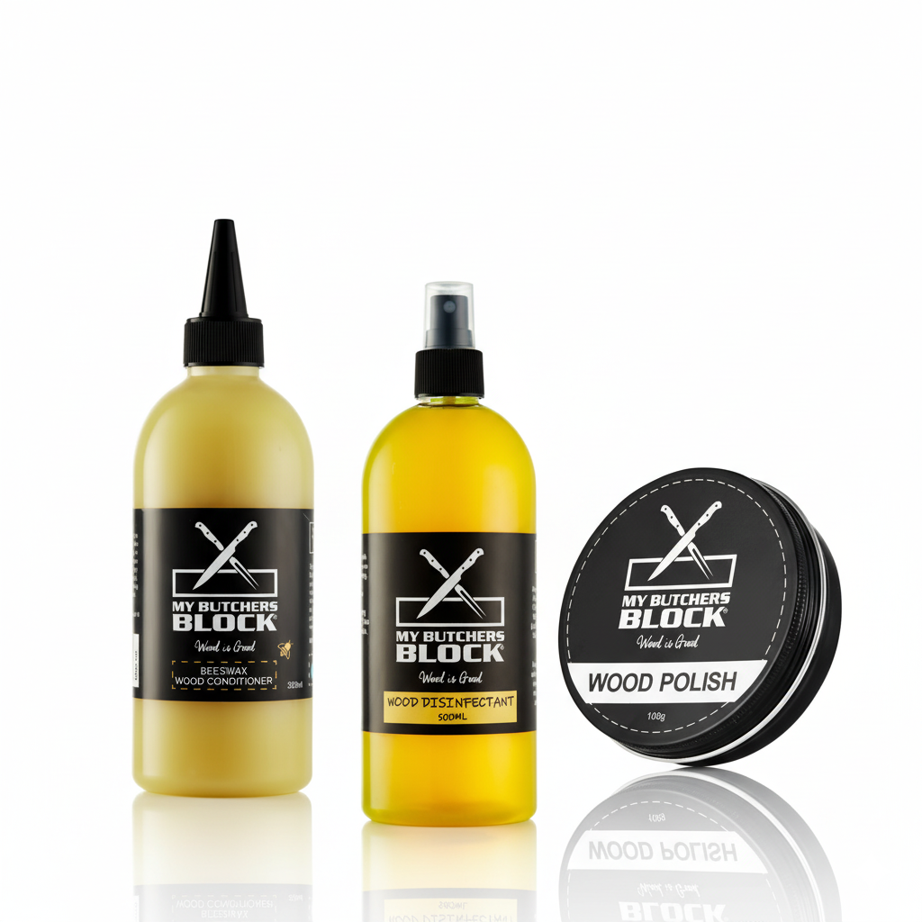 Set of 'My Butchers Block' wood care products including bottles and a jar on a white background.