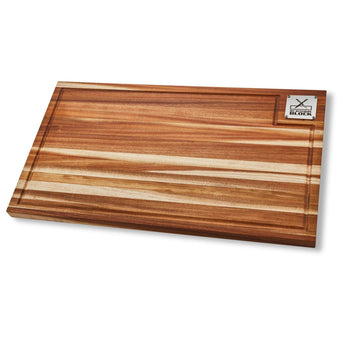 Premium wooden chopping board ideal for meat preparation and serving, featuring a sleek design and logo.