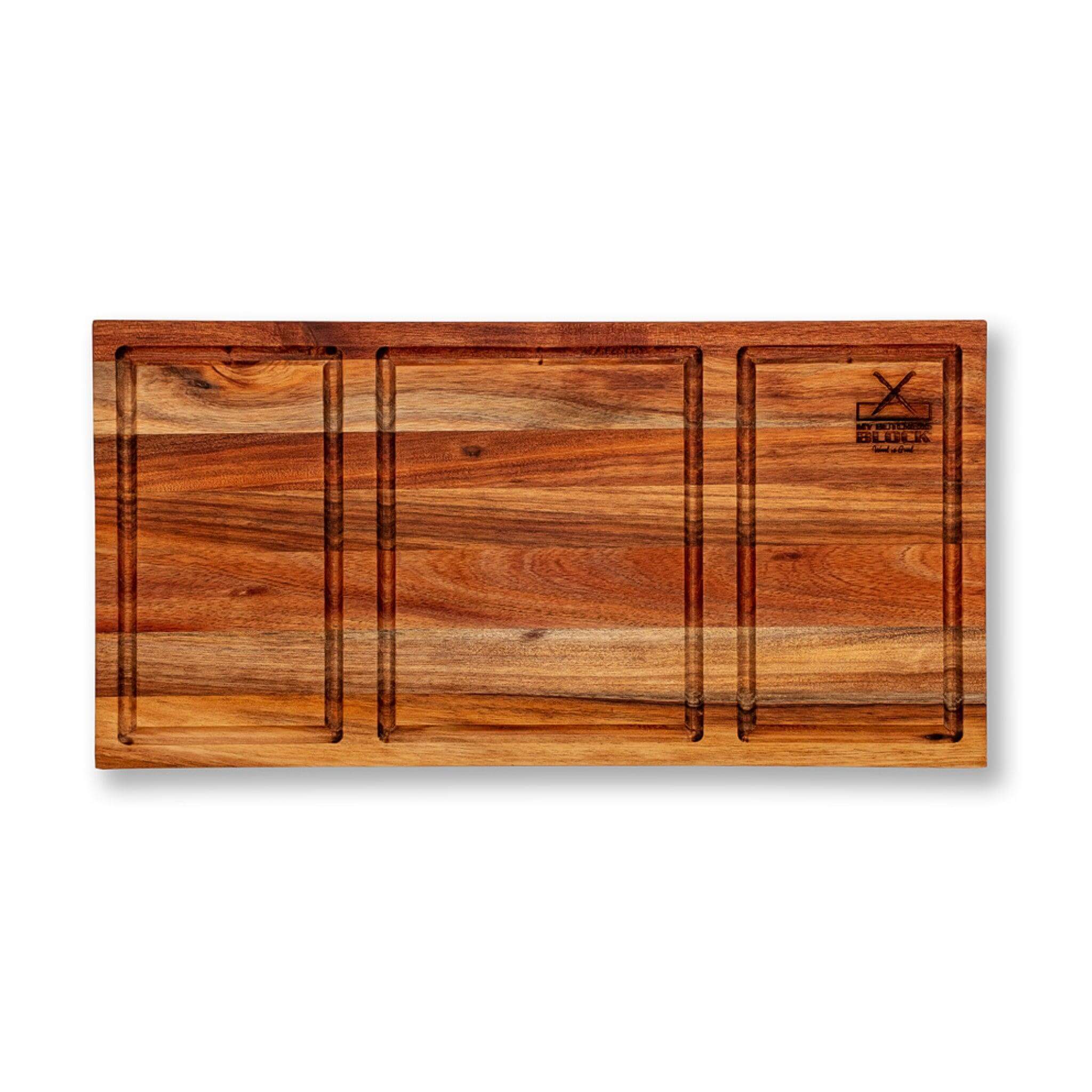 Shisanyama Plankie Braai Board Small with three sections and juice grooves for organized meat serving.