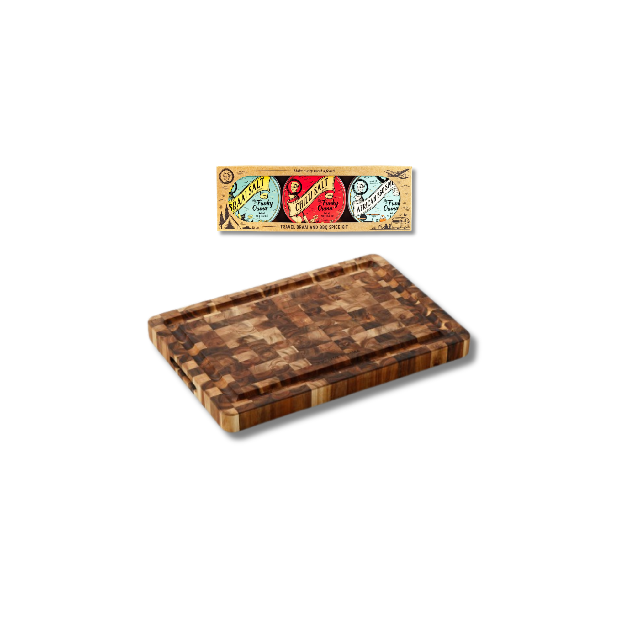Small end grain chopping board with Funky Ouma's mini travel taster kit of spices.