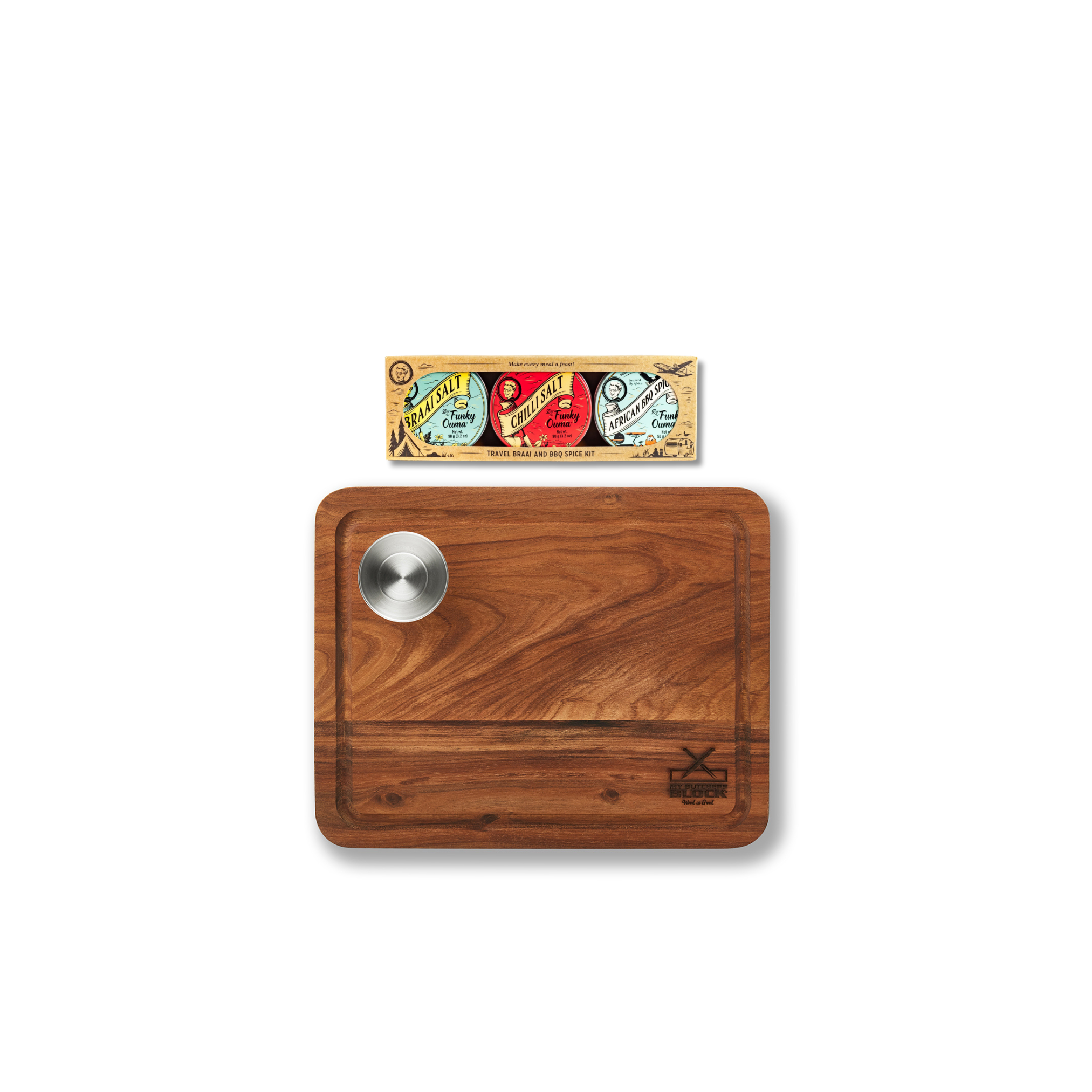 MBB Medium Steak Board with Bowl and Funky Ouma Mini Spice Kit, crafted from acacia wood for perfect steak nights.