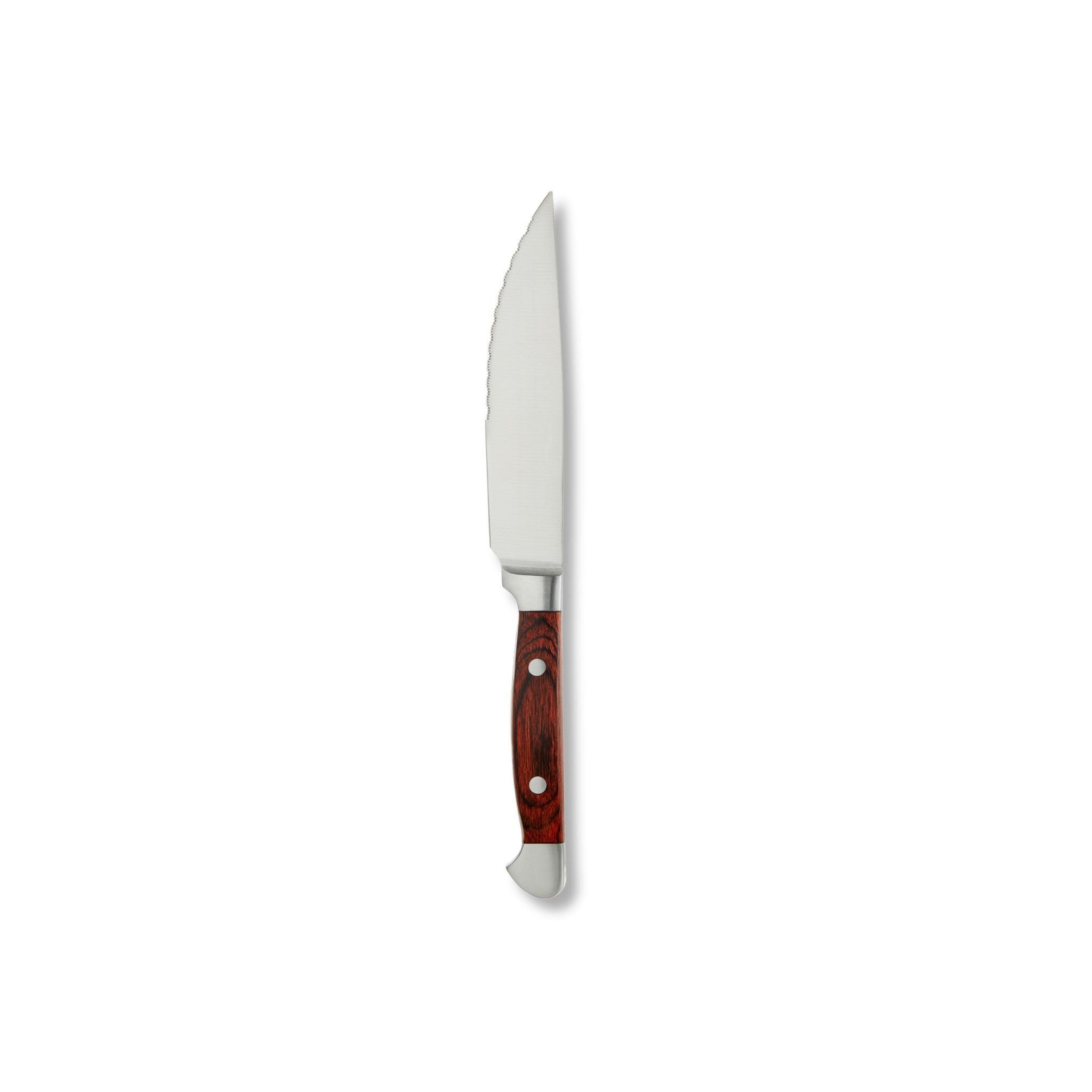 Sharp steak knife with a wooden handle, perfect for cutting through meat during steak dinners.