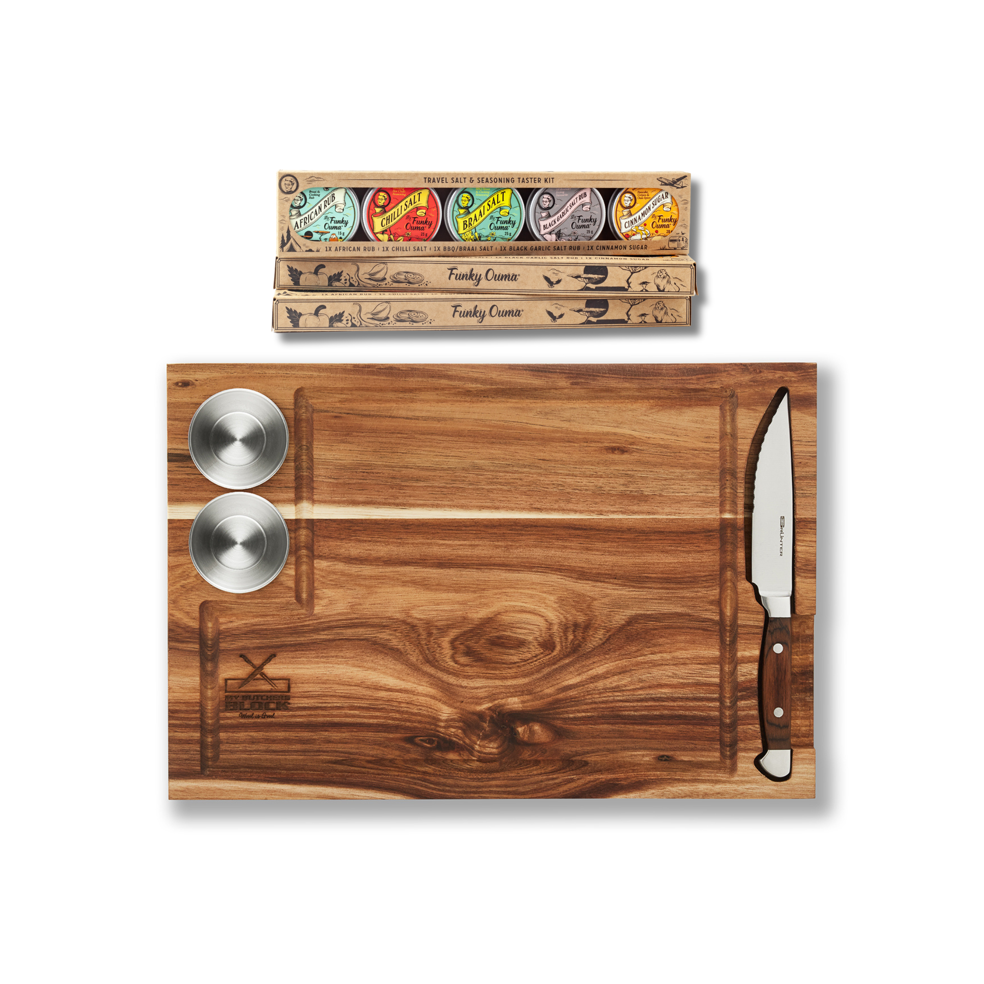 Elegant steak board with knife and bowl set, complemented by Funky Ouma taster kit for the perfect steak night.