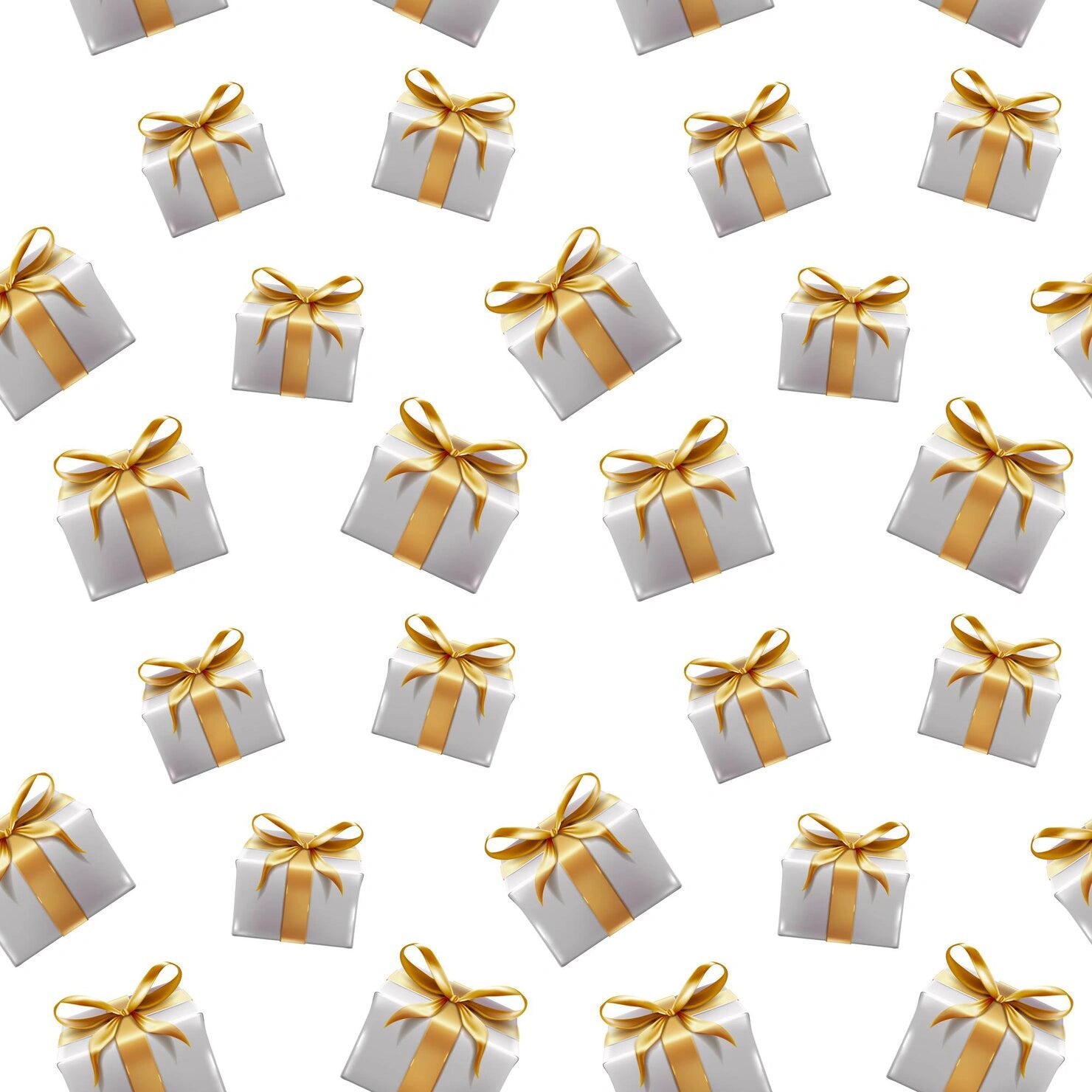 Pattern of white gift boxes with gold ribbons