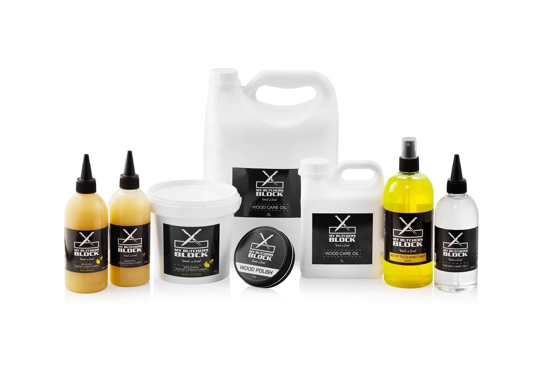 Assorted My Butchers Block woodcare products, including beeswax conditioner and oils for wooden kitchen tools.