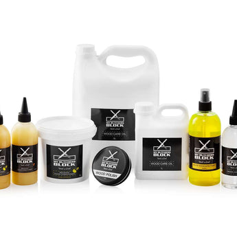 Assorted My Butchers Block woodcare products, including beeswax conditioner and oils for wooden kitchen tools.