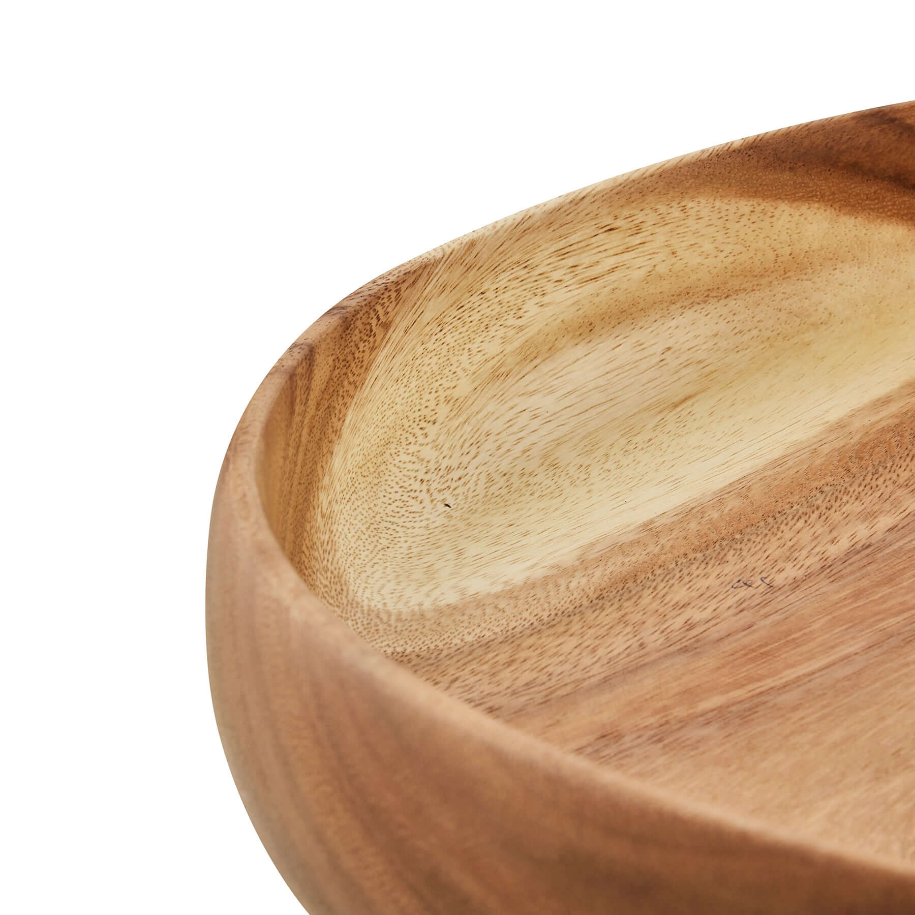 Close-up of a medium wooden bowl showcasing its natural grain and smooth finish, ideal for dining and serving.