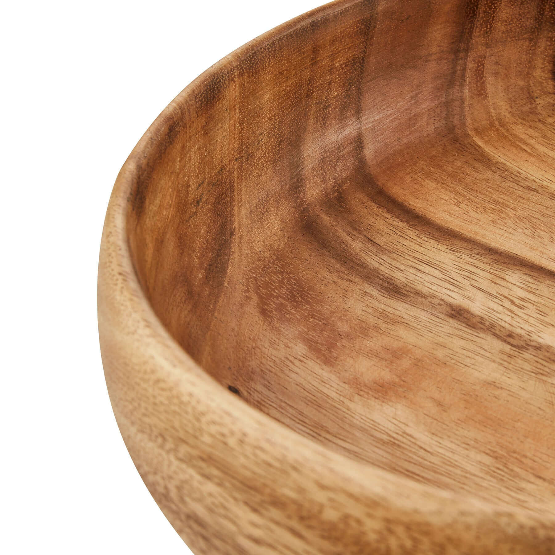 Close-up of a medium wooden bowl showcasing its natural grain and smooth finish, perfect for serving salads or fruits.