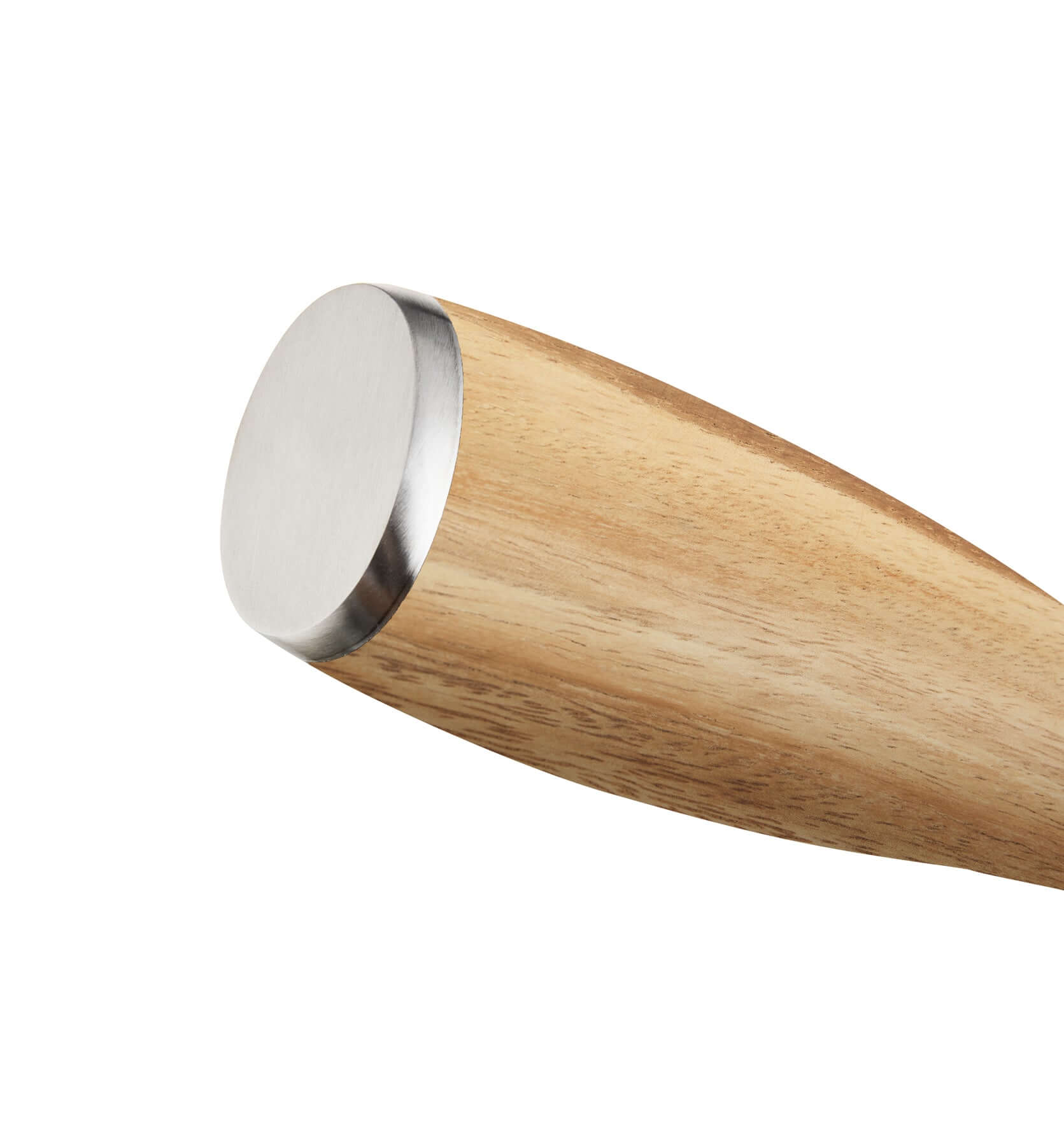 Close-up of a wooden handle of a cleaver knife featuring a stainless steel end for durability and grip.