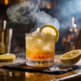 Smoked Cocktail Recipes Using the MBB Cocktail Smoking Kit - Glass of smoky cocktail garnished with lemon.