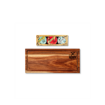 Large wooden steak board with juice groove and Funky Ouma mini spice kit for BBQ enthusiasts.