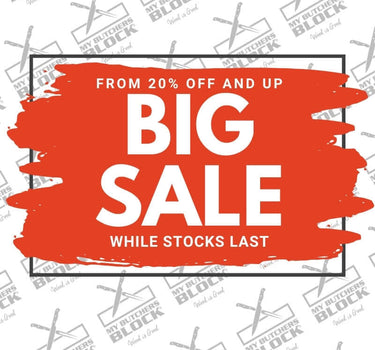 Big sale banner with discounts from 20% off; promotional offer; while stocks last. My Butcher's Block.