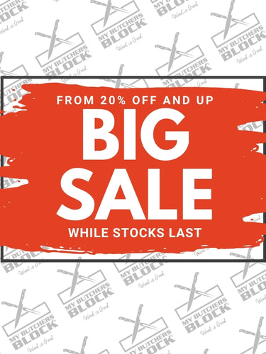 Big sale banner with discounts from 20% off; promotional offer; while stocks last. My Butcher's Block.