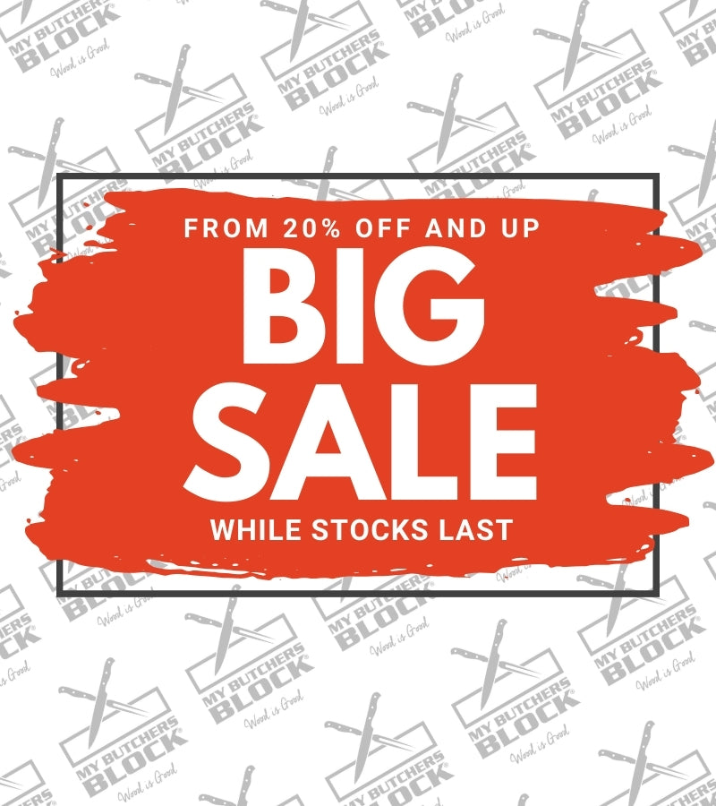 Big sale banner with discounts from 20% off; promotional offer; while stocks last. My Butcher's Block.