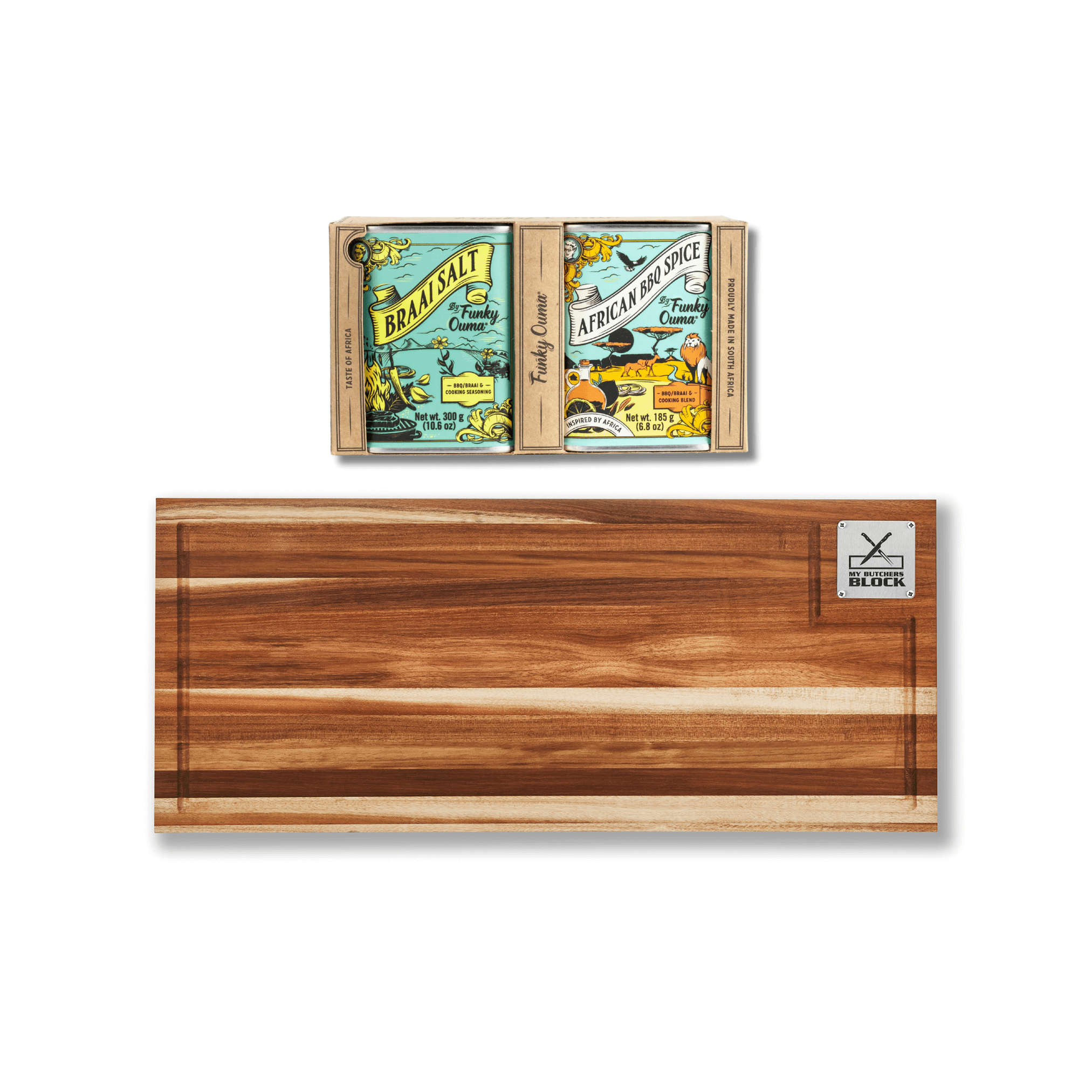 Grand Daddy Junior Chopping Block + Funky Ouma Taste of Africa Gift Pack featuring wooden chopping board and braai spice.