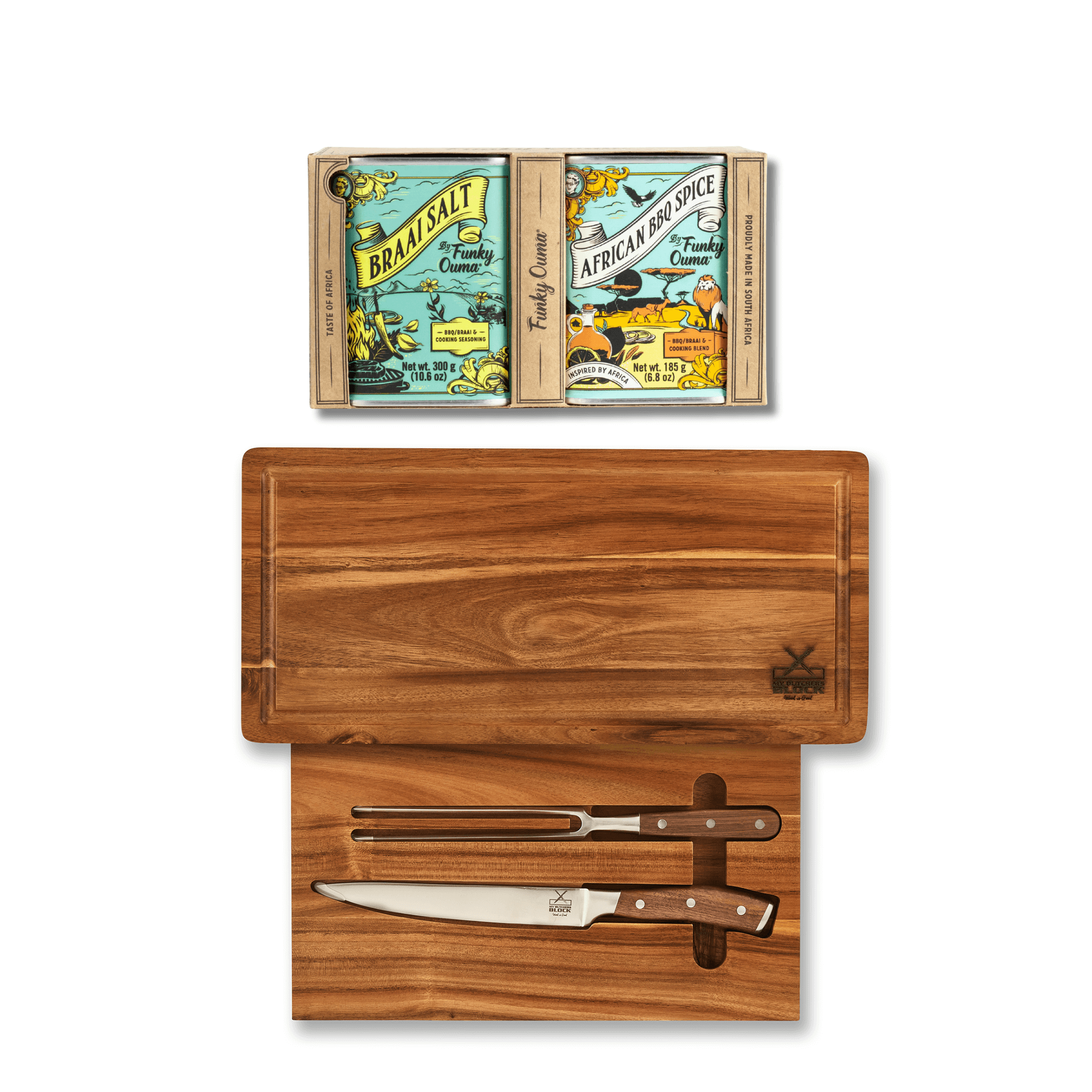 Chopping Board and Carving Knife Set + Funky Ouma Taste of Africa Gift Pack with spices and serving tools.