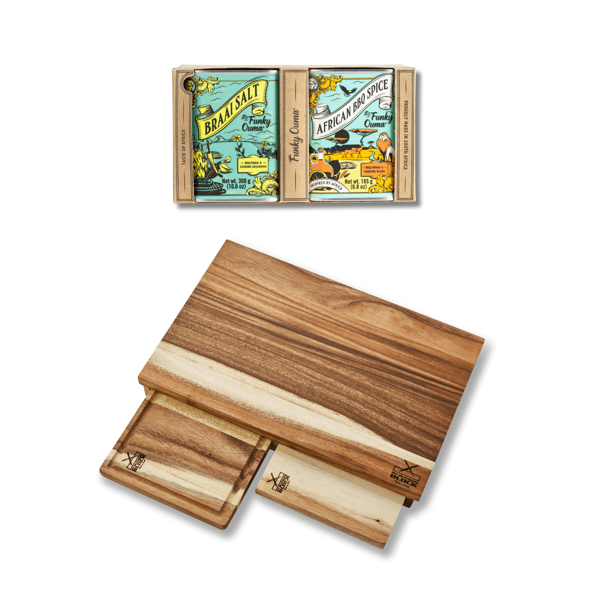 3-in-1 Wooden Chopping Board Set + Funky Ouma Taste of Africa Gift Pack with serving boards and spices.